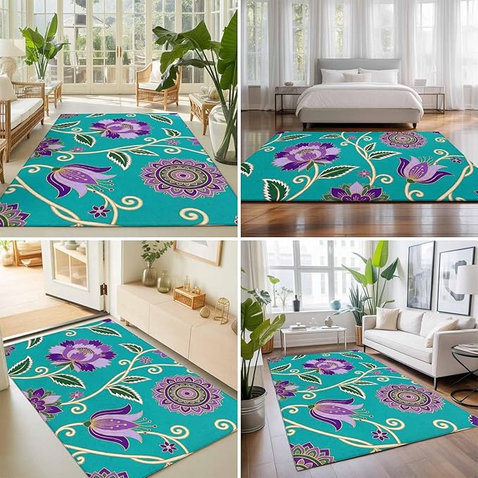 Area Rug 8x10ft, Bohemian Purple Flowers Washable Rugs for Living Room Bedroom, Paisley Floral Art Soft Non-Slip Area Rugs Rectangle Floor Carpet for Dining Room