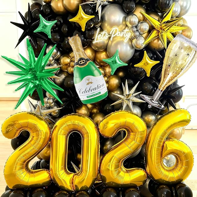 Gold 2026 Balloons, 40 Inch Number Gold Foil Balloons, Gold and Green Star Balloon with Champagne Bottle Glass Balloon for Happy New Years Eve Party Supplies 2026 Class of 2026 Graduation Decorations
