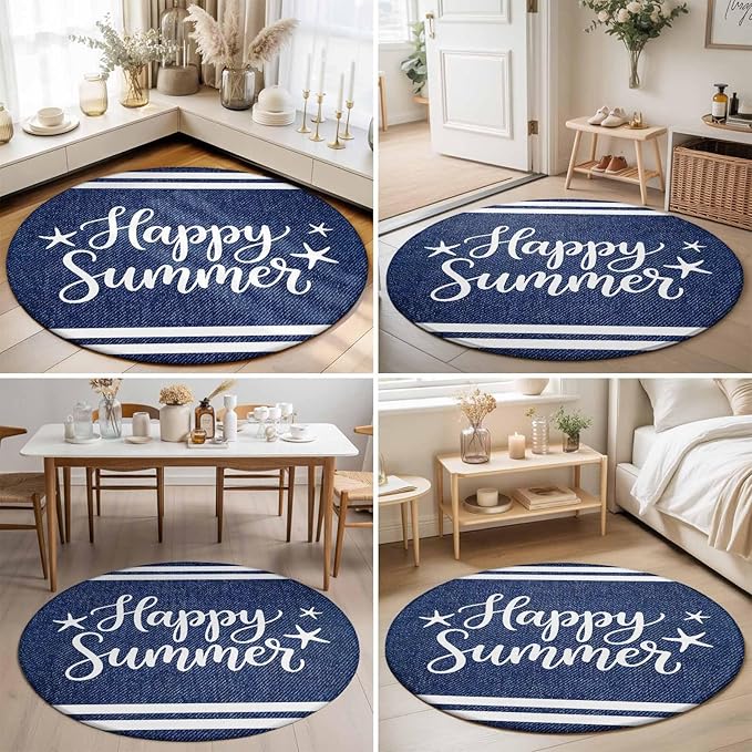 Washable Round Area Rug Happy Summer Quote Ocean Starfish Circle Rugs Floor Carpet for Living Room Bedroom, Navy Blue Stripe Denim Texture Soft Non Slip Round Rug 5ft