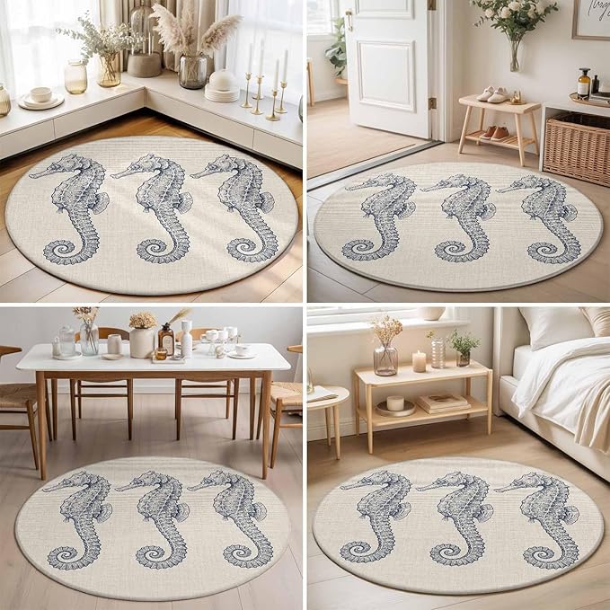 Washable Round Area Rug Marine Life Seahorse on Burlap Circle Rugs Floor Carpet for Living Room Bedroom, Farmhouse Ocean Theme Soft Non Slip Round Rug 5ft