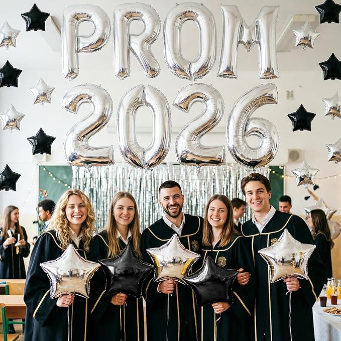 Prom 2026 Balloons Banner, 16 inch Silver letter Balloons Prom 2026 Sign Decoration with Silver Star Balloon for Class of 2026 Congrats Grad Party Birthday Retirement Graduation Party Supplies