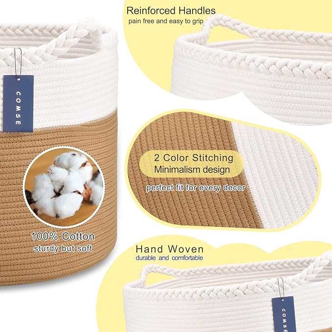 COMSE Extra Large Blanket Basket, Woven Laundry Basket, 21.7”x 13.8”, Nursery Hamper, Cotton Rope Laundry Hamper Living Room for Storage Toys Clothes Towels(White & Camel)