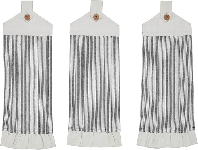 VHC Brands Cotton Sawyer Mill Ticking Stripe Button Loop Kitchen Towel Set of 3, Hanging, Pleated, Bath, Kitchen, Sawyer Mill Black Collection, Country