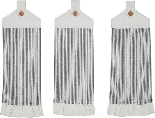 VHC Brands Cotton Sawyer Mill Ticking Stripe Button Loop Kitchen Towel Set of 3, Hanging, Pleated, Bath, Kitchen, Sawyer Mill Black Collection, Country
