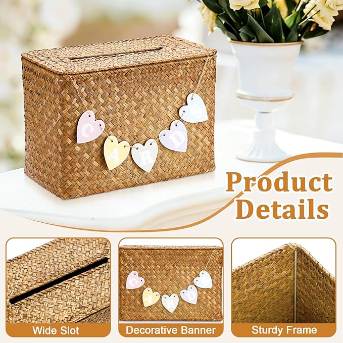 Hipiwe Handwoven Decorative Wedding Card Basket Card Receiving Box with Slot for Bridal Shower Retirement Anniversaries Decorative Card Holder, Caramel Color
