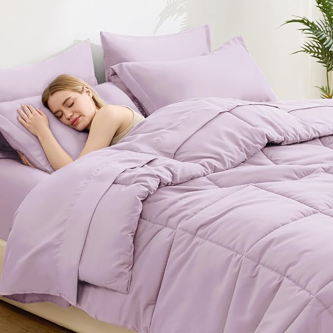 Love's cabin California King Comforter Set Light Purple, 7 Pieces California King Bed in a Bag, All Season Bedding Sets with 1 Comforter, 1 Flat Sheet, 1 Fitted Sheet, 2 Pillowcase and 2 Pillow Sham | Soft, Breathable, Lightweight, Comfortable