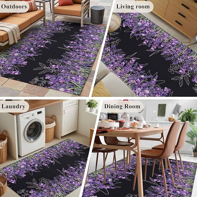 Area Rug 3x5ft, Spring Purple Lavender Flower Washable Rugs for Living Room Bedroom, Watercolor Floral on Black Soft Non-Slip Area Rugs Rectangle Floor Carpet for Dining Room