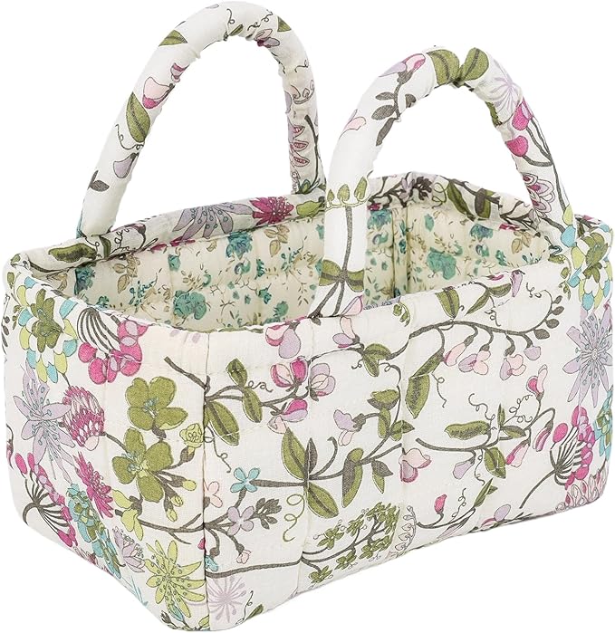 Quilted Fabric Storage Basket Floral Baby Diaper Caddy Quilted Basket for Nursery Bedroom Car Storage