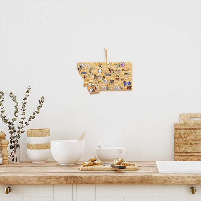 Totally Bamboo Montana State Shaped Cutting Board and Charcuterie Serving Platter with Artwork by Fish Kiss, Includes Hang Tie for Wall Display