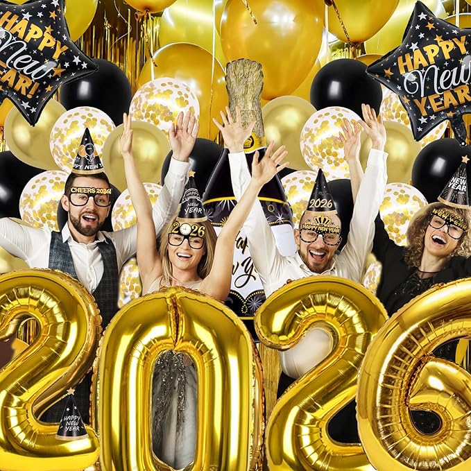 Happy New Year Party Decoration, 2026 Foil Balloon Banner and Curtains Photography Backdrops, Photo Booth Props Hats Paper Glasses Party Decorations for New Years Eve Party Supplies