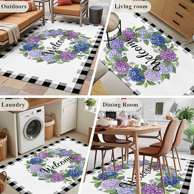 Area Rug 3x5ft, Summer Hydrangea Leaf Washable Rugs for Living Room Bedroom, Purple Blue Flower Buffalo Check Soft Non-Slip Area Rugs Rectangle Floor Carpet for Dining Room
