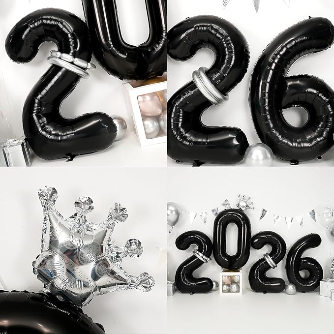 2026 Balloons Black,40 Inch 2026 Number Balloons with Foil Crown Balloons for Happy New Year Decorations New Years Eve 2026 Graduation Decorations Class of 2026 Party Supplies