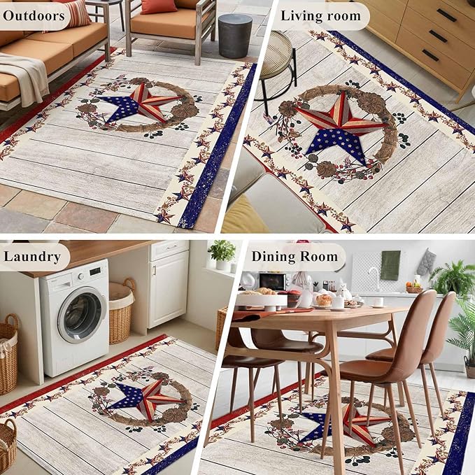 Area Rug 3x5ft, Retro USA Flag Star and Berry Washable Rugs for Living Room Bedroom, Wooden Texture Soft Non-Slip Area Rugs Rectangle Floor Carpet for Dining Room