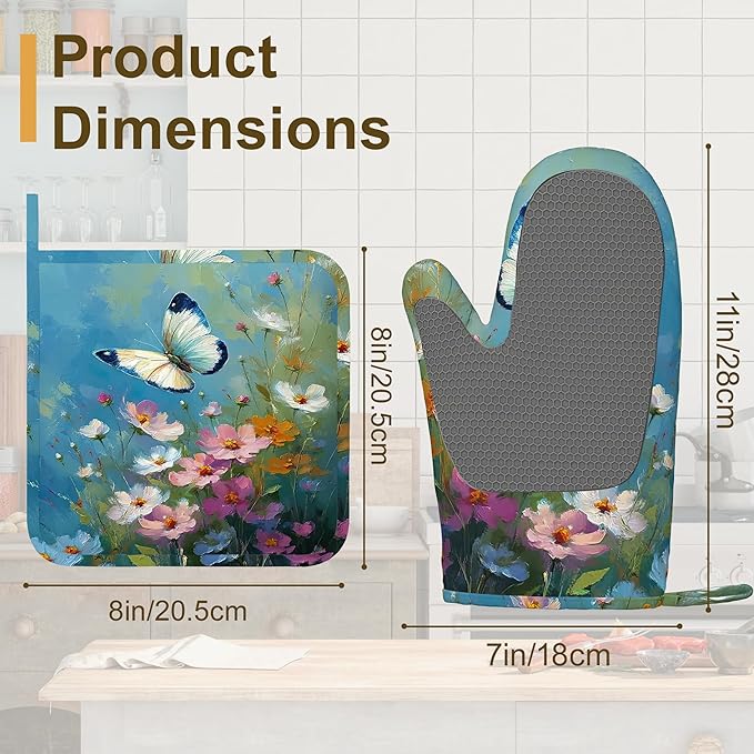 Oil Painting Wild Flowers Butterfly Oven Mitts and Pot Holders Set of 4, Heat Resistant Non Slip Kitchen Gloves Hot Pads,Chef Cooking Baking Gifts for Women Bakers,Kitchen Cooking Lover Cooks