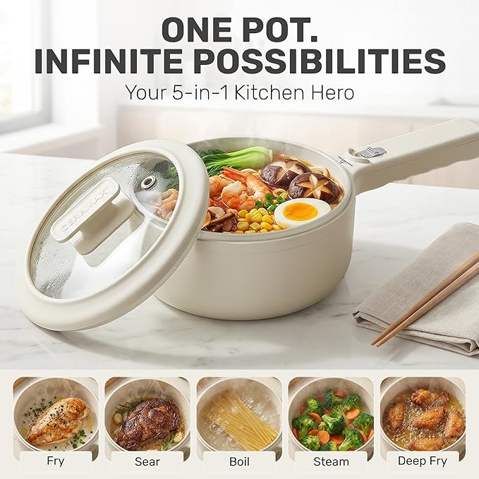 CERAMAX PRO Electric Hot Pot with Lid & Steamer, 2L Non Toxic Ceramic Cooker Skillet for Ramen, Eggs, Pasta for Dorms, Camping, RVs, Work, Adjustable Temp. - New Improved 2025 Model