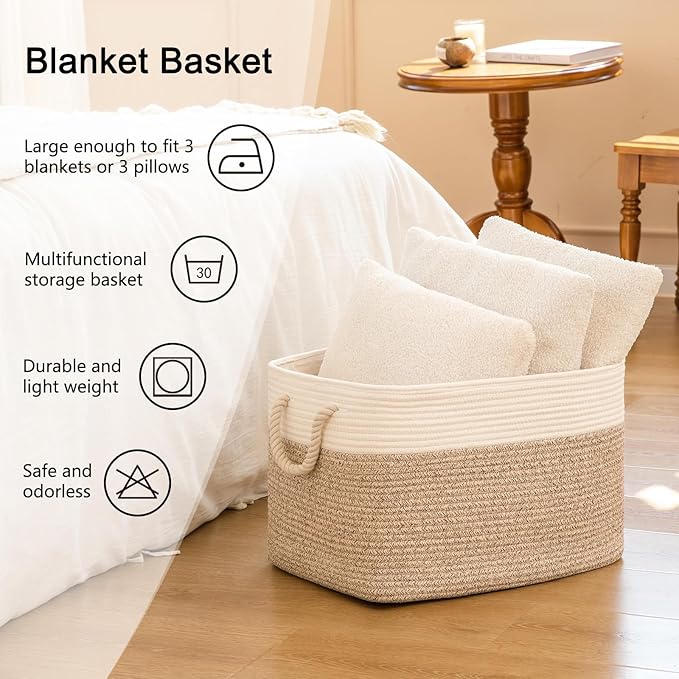 OIAHOMY Storage Basket for Organizing, Blanket Storage With Drawstring, Collapsible Storage Bin With Liner, Basket for Shelves, Blanket Basket Living Room-18”x14”x12”- Brown/White