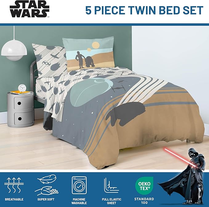 Jay Franco Star Wars Twin Size Comforter Set - 5 Piece Bedding Includes Sheet Set & Pillow Covers - Super Soft Cozy Bedding with Death Star and Millennium Falcon