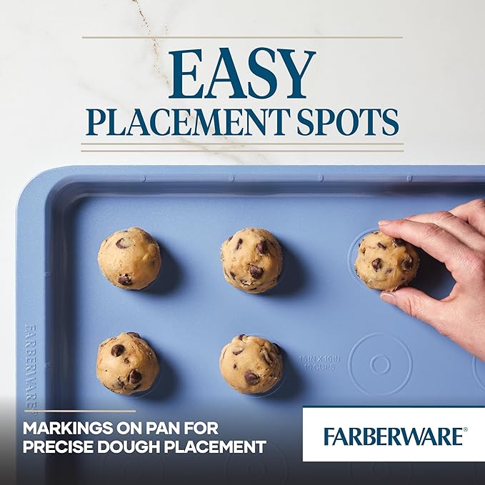 Farberware Easy Solutions Nonstick Bakeware Cookie Pan/Baking Sheet with Drop Zones and Portion Marks, 11 Inch x 17 Inch - Blue