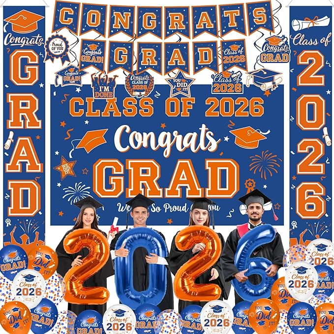 Graduation Blue and Orange Decorations 2026 Include Grad Backdrop, Banner, Hanging Swirls, Porch Sign, Balloons for Congrats Grad Party Decorations