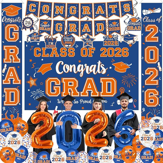Graduation Blue and Orange Decorations 2026 Include Grad Backdrop, Banner, Hanging Swirls, Porch Sign, Balloons for Congrats Grad Party Decorations