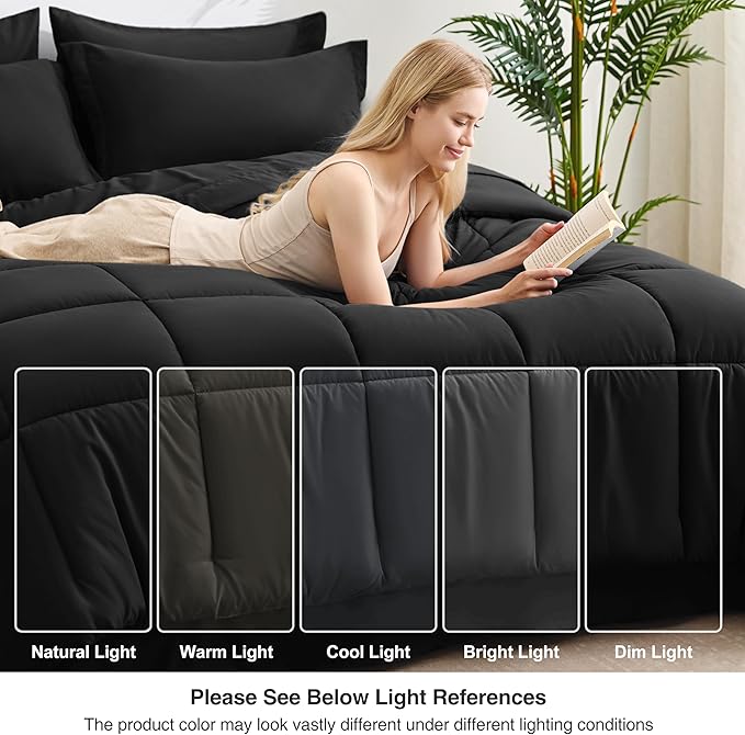 Love's cabin King Size Comforter Set Ash Black, 7 Pieces King Bed in a Bag, All Season Bedding Sets with 1 Comforter, 1 Flat Sheet, 1 Fitted Sheet, 2 Pillowcase and 2 Pillow Sham | Soft, Breathable, Lightweight, Comfortable