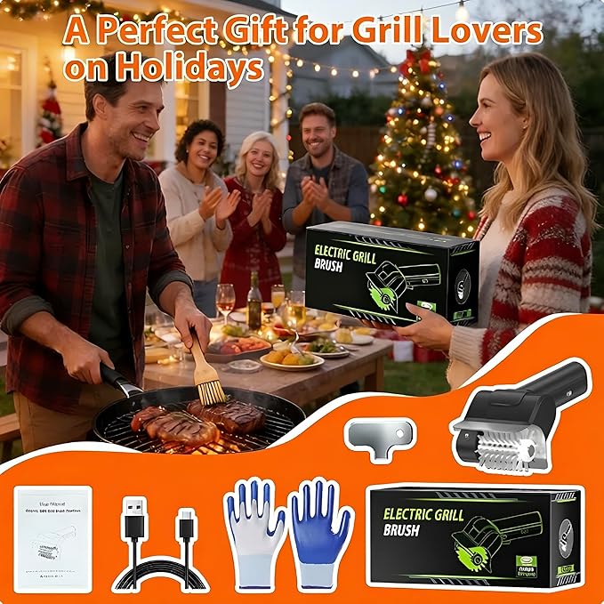 Electric Grill Brush - BBQ Grill Cleaning Tools with 800 RPM Brush Head,3000mAh Battery and 304 Stainless Steel Bristles, Cordless Rechargeable Grill Cleaner for Outdoor (Black)