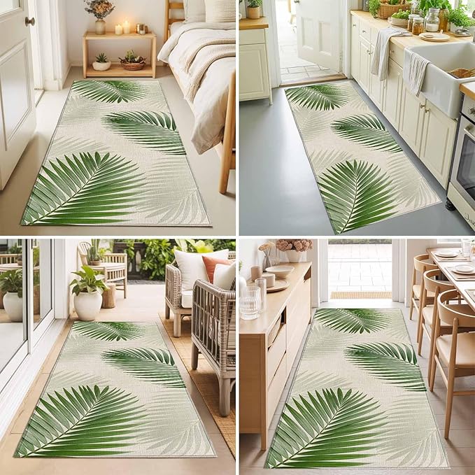 Runner Rug for Bedroom Hallway, Rustic Sage Green Palm Leaves on Linen Kitchen Runner Rugs Area Rug 2x6ft, Summer Plants Washable Soft Floor Carpet for Entryway Stair