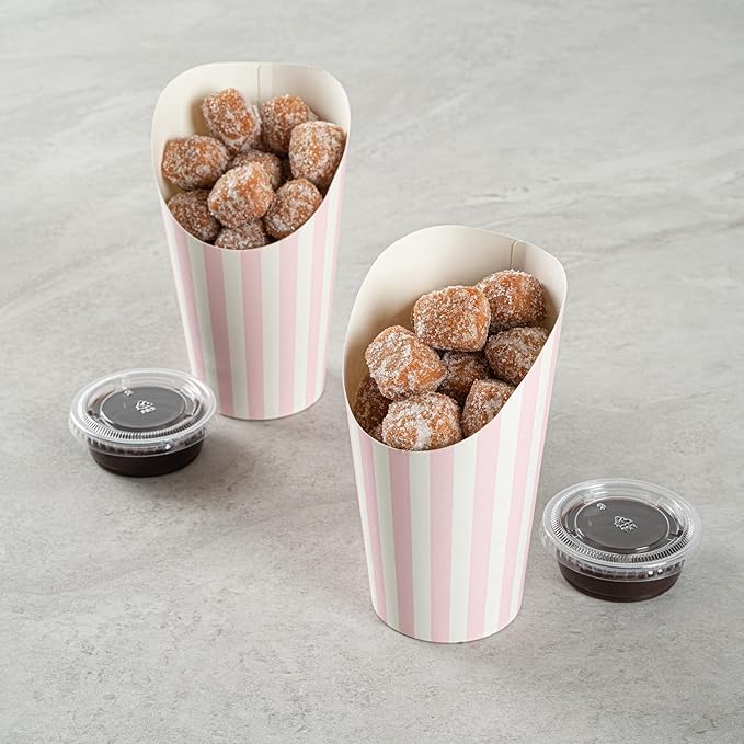 Bio Tek 16 Ounce French Fry Containers, 100 Disposable Charcuterie Cups - Incline Design, Round, Striped Paper French Fry Cups, Stackable, For Waffles, Chips, or Popcorn - Restaurantware