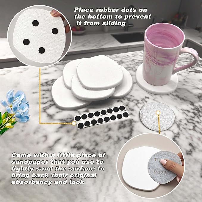 Coasters Set of 4 | Drink Diatomite Coasters Absorbent Cute Modern Unique Aesthetic Stone Coaster for Desks Coffee Table, Instant Drying, with 16 Removable Scratch Protection Pads, White