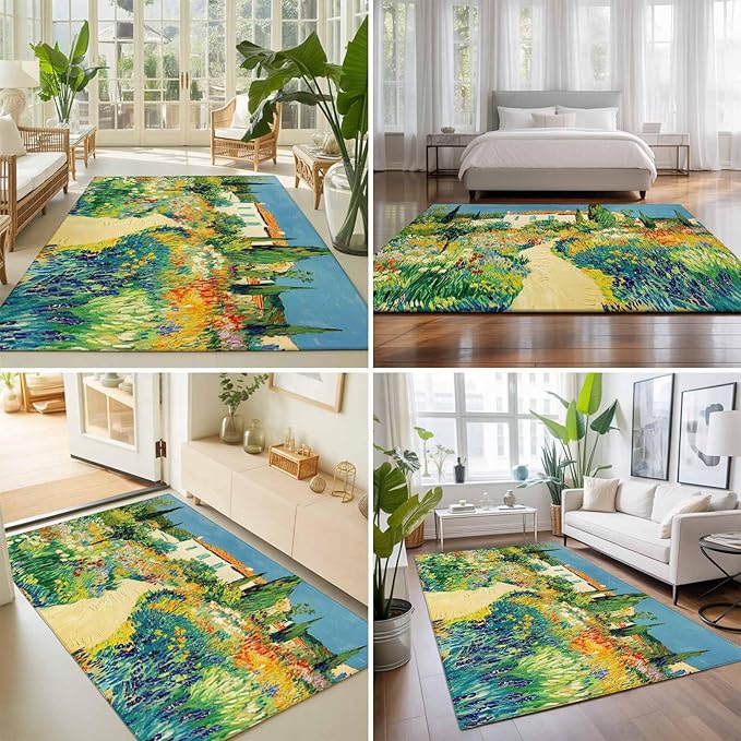 Area Rug 3x5ft, Pastoral Floral Pink Yellow Flower Green Leaves Washable Rugs for Living Room Bedroom, Farm Plants Soft Non-Slip Area Rugs Rectangle Floor Carpet for Dining Room