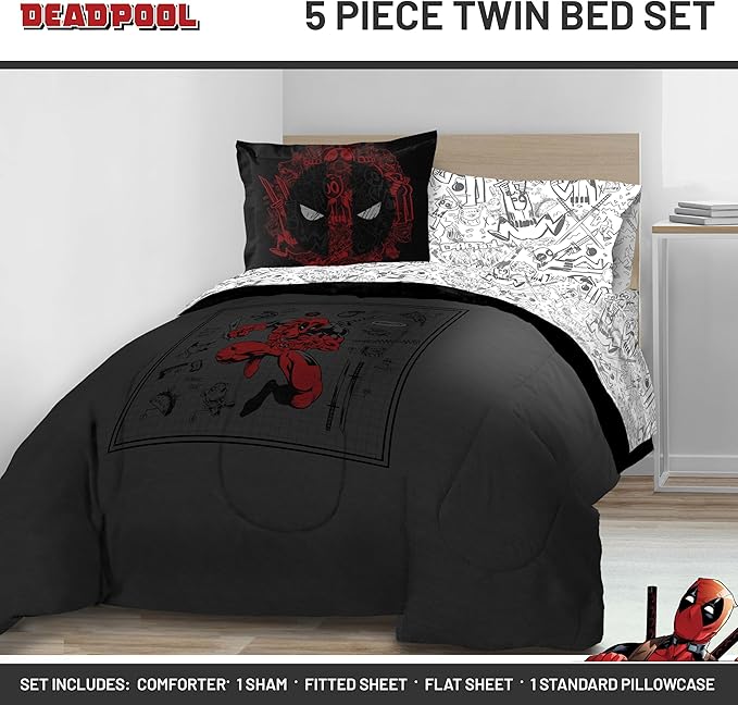 Jay Franco Marvel Deadpool Twin Size Comforter Set - 5 Piece Bedding Includes Sheet Set and Pillow Covers - Gray and Red Super Soft Cozy Bedding