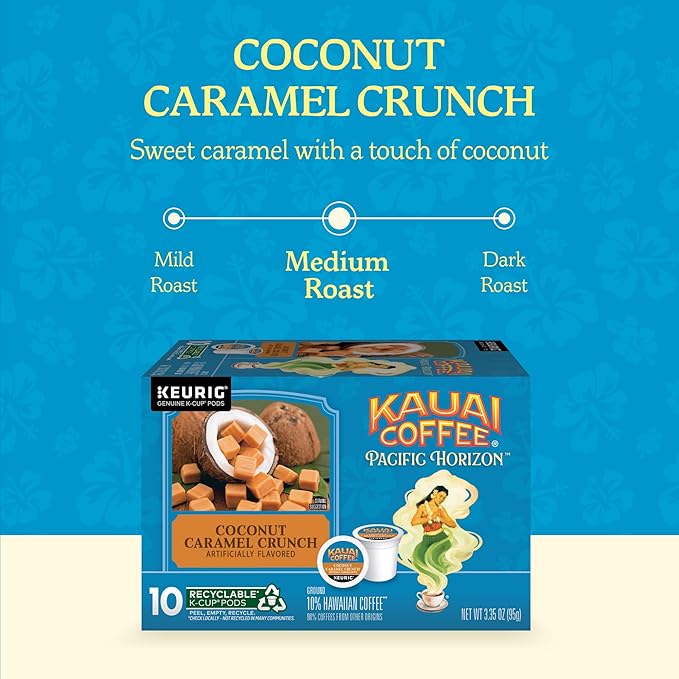 Kauai Coffee K-Cup Pods for Keurig Brewers – Arabica Coffee, 10% Hawaiian – Medium Roast, Nutty Caramel with Tropical Coconut – Coconut Caramel Crunch, 6 Packs of 10 Single Serve K-Cups