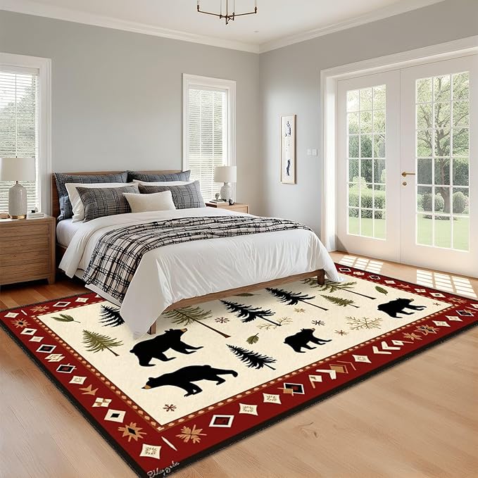 8x10 Area Rugs for Bedroom Boho Washable Man Cave Rug for Living Room Rustic Bear Pine Tree Forest Winter Elements Soft Rubber Backed Non-Slip Large Carpets for Boys