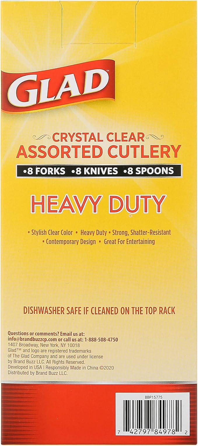 Glad Clear Disposable Cutlery Set with Heavy Duty Plastic Forks, Knives, and Spoons, Reusable Dishwasher Safe Plastic Utensils for Parties and Everyday Use, 24 Count (Pack of 3)
