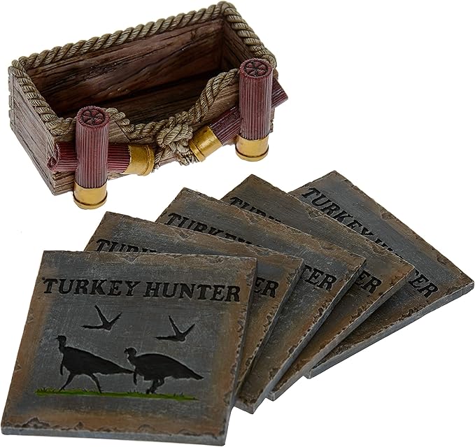 Pine Ridge Buckshot Absorbent Coaster Set with Holder - Table Coasters Home Decors for Drinks - Rustic Turkey Hunter Country Coaster Decoration