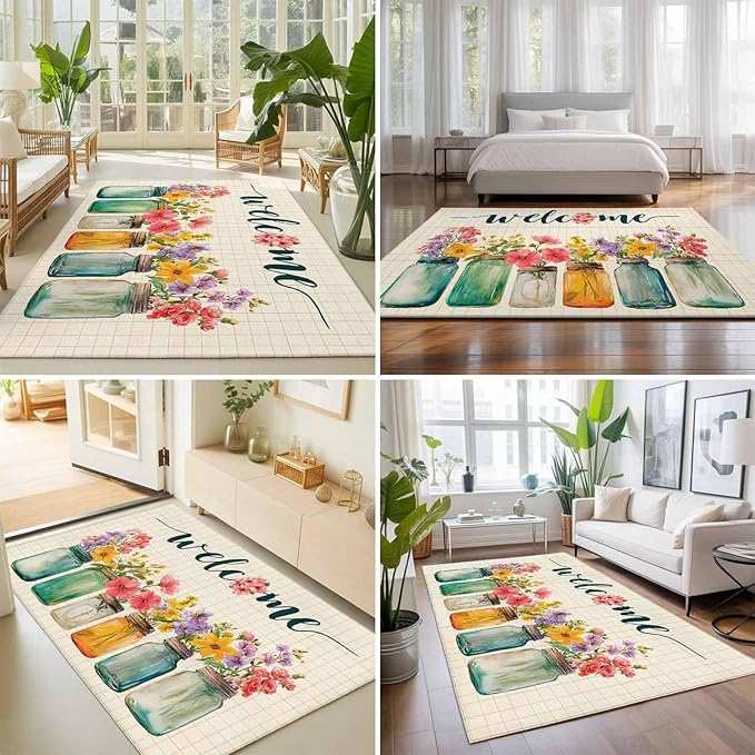 Area Rug 9x12ft, Summer Pastoral Flower Buffalo Plaid Washable Rugs for Living Room Bedroom Rectangle Floor Carpet, Rustic Blossom Floral Soft Non-Slip Area Rugs for Dining Room