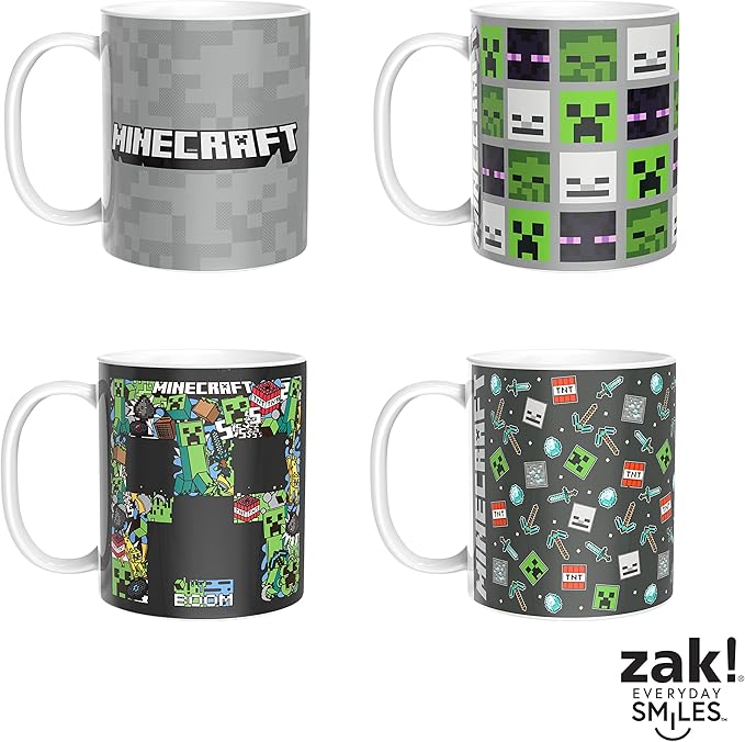 Zak Designs Minecraft Mug Unique Ceramic Coffee Cup Set, Can Coffee Mugs with Comfortable Handle for Gamer Gifts, Dishwasher and Microwave Safe (11.5 oz, 4-Piece Set)