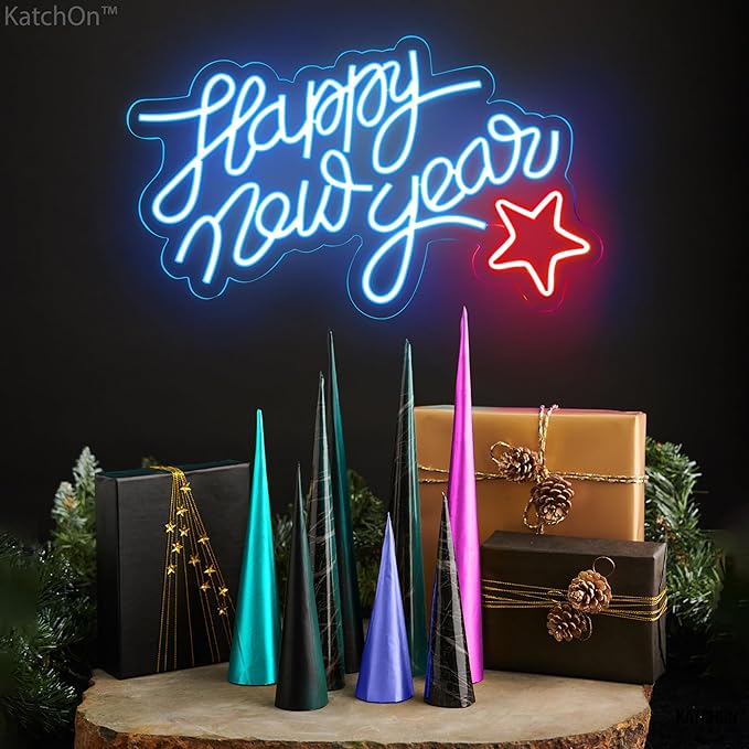 KatchOn, Blue Happy New Year LED Sign - 16x10 Inch | Happy New Year Neon Sign | Happy New Year Lighted Sign for New Years Eve Party Supplies 2026 | Happy New Year Light Up Sign for New Years Decorations 2026