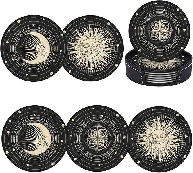 Sun Star Moon Leather Drinks Coasters with Holder, Set of 6, Suitable for Various Cups