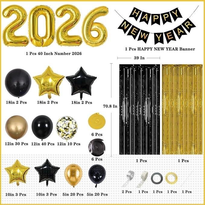 New Years Eve Party Supplies 2026 Kit - Pack of 153, Huge Gold 2026 Balloons,Happy New Year Banner,Black and Gold Hanging Swirls, Gold Fringe Backdrop for NYE Decorations 2026