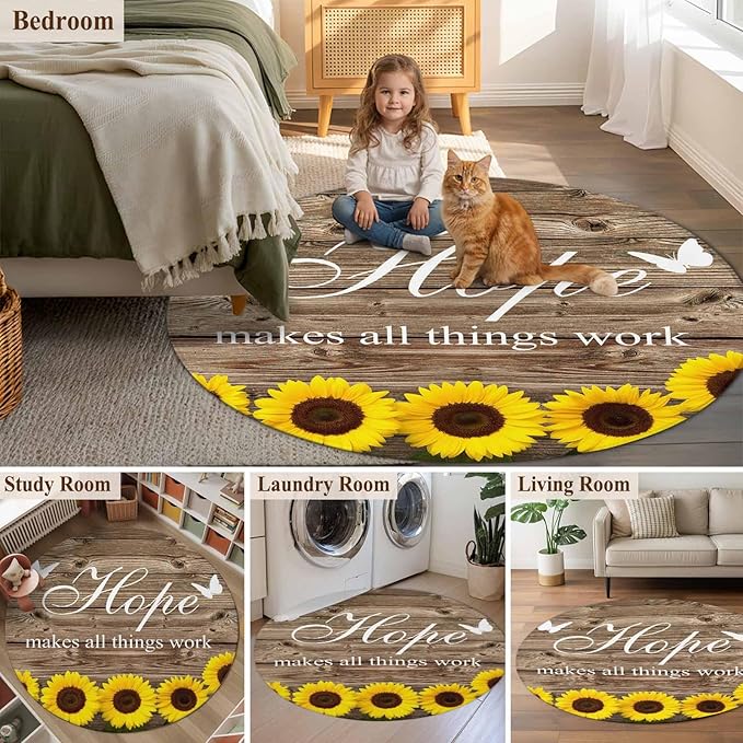 Washable Round Area Rug Farm Sunflower Positive Energy Quote Circle Rugs Floor Carpet for Living Room Bedroom, Retro Dark Brown Wood Grain Soft Non Slip Round Rug 3ft