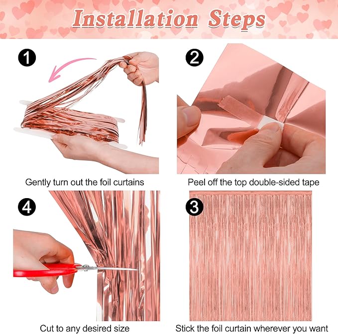 ZATAYE 2 Pack Rose Gold Decorations, 3.28 FT x 7.05 FT Rose Gold Fringe Curtains, Metallic Photo Backdrop Tinsel Backdrop Foil Curtains, Metallic Party Supplies Wedding Decor