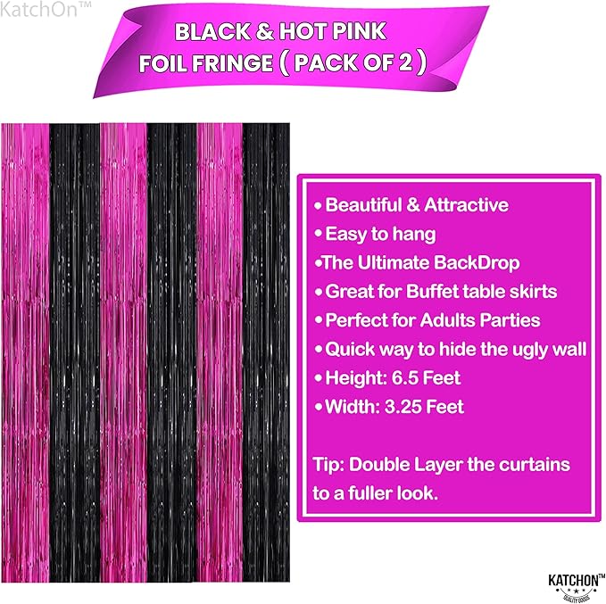 KatchOn, Large Pink and Black Foil Fringe Curtain - Pack of 2, Streamer Backdrop for Valentines Day Decorations, Black and Pink Backdrop for Galentines Day Decorations, Bachelorette, Birthday Decor