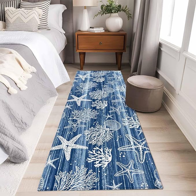 Navy Blue Coastal 2x6 Kitchen Runner Rug, Ocean Coral Starfish Non-Skid Rubber Backing Large Rectangle Rugs - Living Room Bedroom Home Office, Summer Beach Indoor Floor Mat Carpets Washable Rug