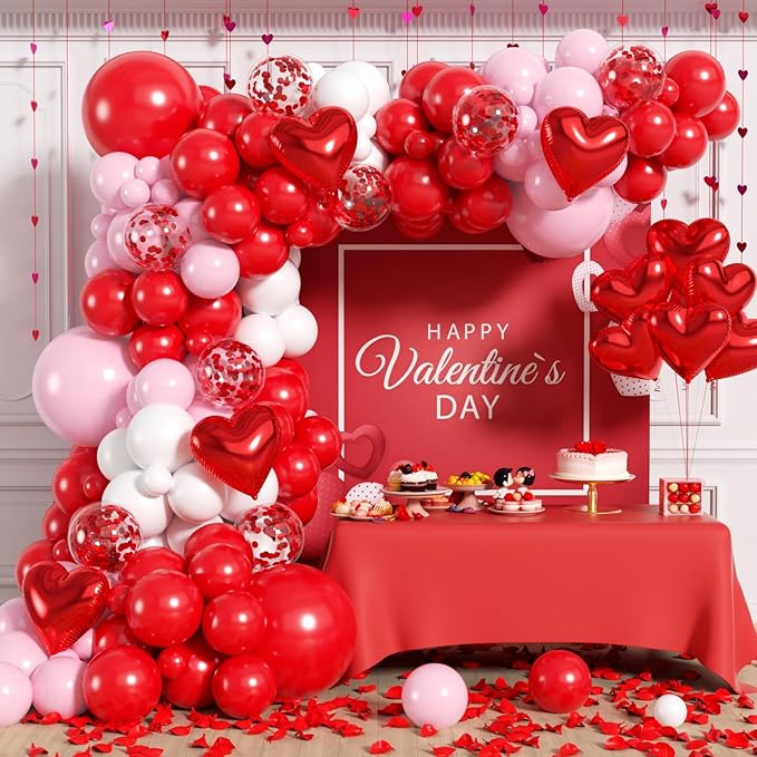 Valentines Day Balloons Garland Arch Kit - 331Pcs Rose Petals Red Heart Foil Balloon Different Size Red Pink White Balloons for Valentine's Day Galentine's Day Anniversary Party Decorations