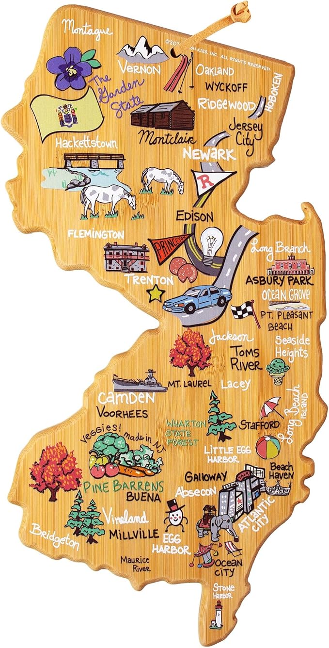 Totally Bamboo New Jersey State Shaped Cutting Board and Charcuterie Serving Platter with Artwork by Fish Kiss, Includes Hang Tie for Wall Display