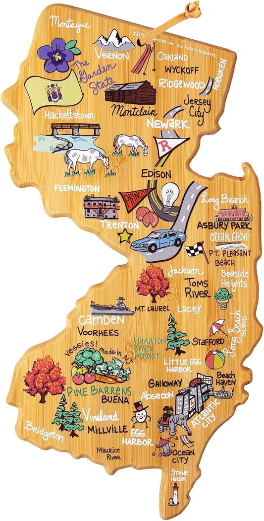 Totally Bamboo New Jersey State Shaped Cutting Board and Charcuterie Serving Platter with Artwork by Fish Kiss, Includes Hang Tie for Wall Display
