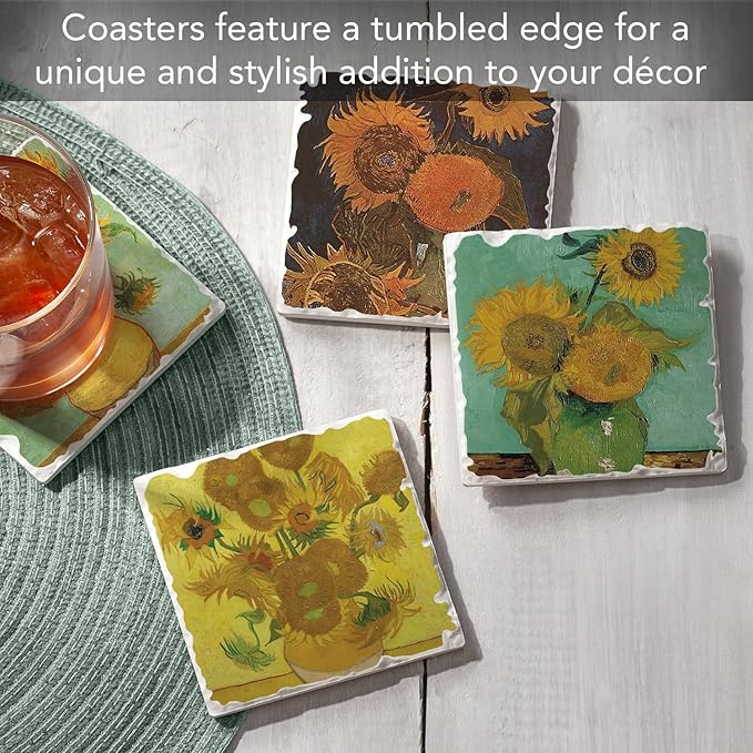 Thirstystone Van Gogh Sunflowers 4 Pack Assorted Tumbled Tile Stone Coasters with Protective Cork Backing Manufactured in The USA Absorbent Easily Wipes Clean