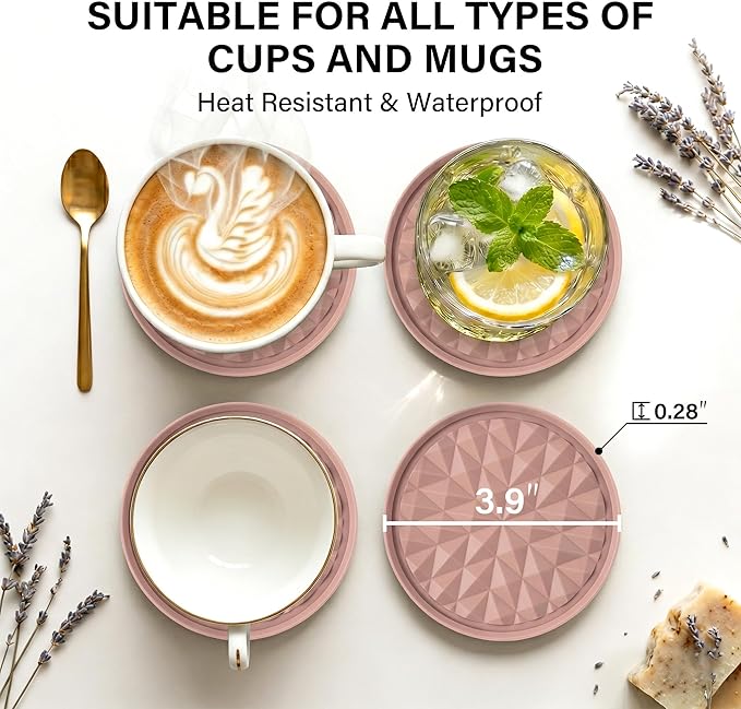 Silicone Coasters for Drinks[8 Pack, No Holder]- Cup Mat for Tabletop Protection-Non-Slip, Non-Stick, Coffee Table Decor, Great Gift for Any Occasion, Pink