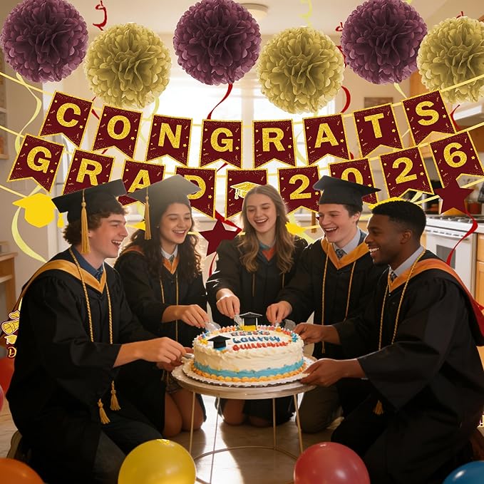 17 Pcs Maroon and Gold Graduation Decorations, Congrats Grad 2026 Banner Set with Hanging Swirls & Tissue Paper Pom Poms, Class of 2026 Graduation Party Decor